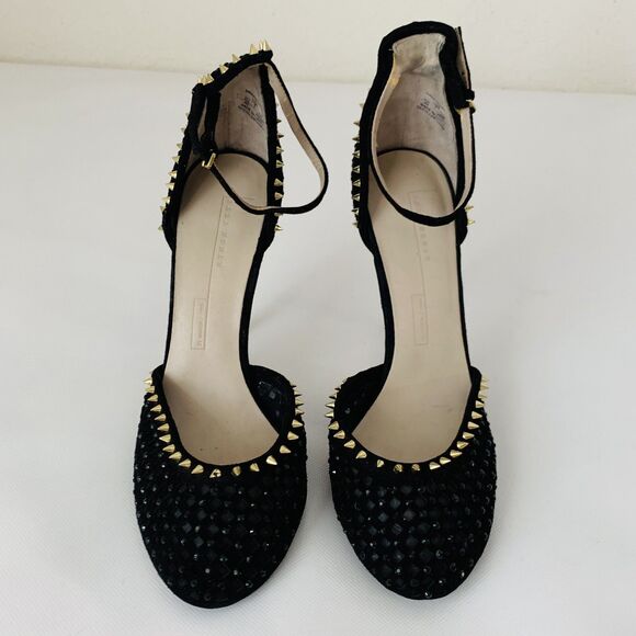 Zara Pumps Black Studded High Heels 40 US 9 Closed Toe Ankle Strap Edgy Stiletto - Picture 2 of 11